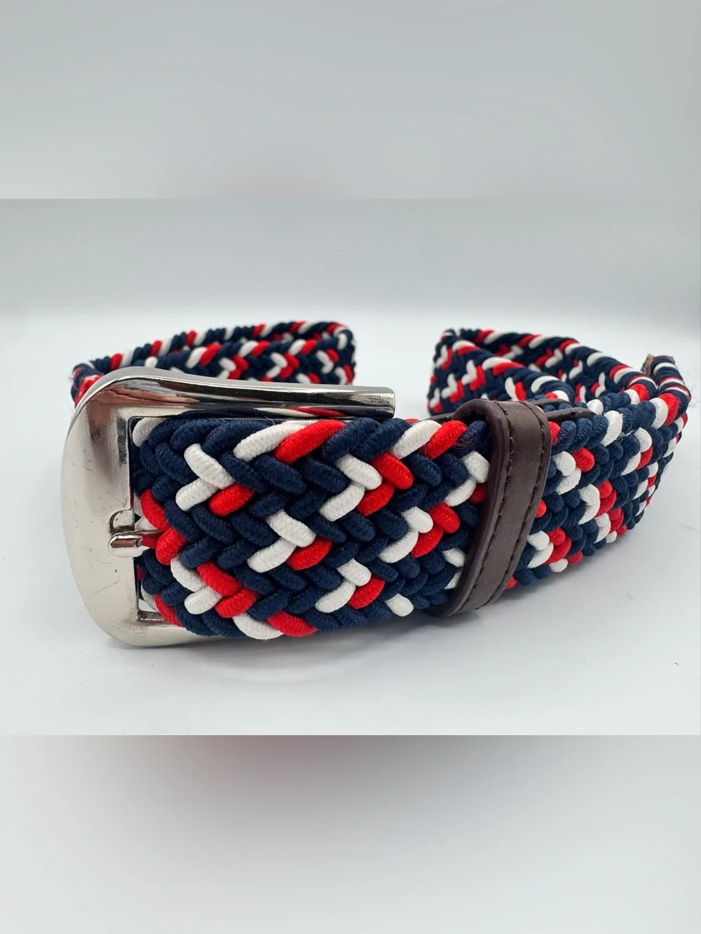 Vintage Braided Stretch Belt Navy Red White Brown Leather Trim Preppy Nautical